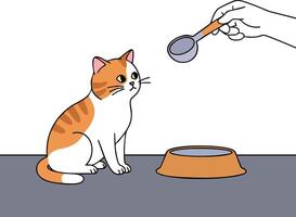 Cat sitting next to empty bowl being fed by human hand with spoon in simple illustration vector