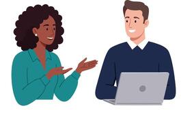 Two colleagues discussing project ideas with laptop computer in modern office environment illustration vector