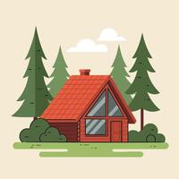Small wooden cabin with red roof surrounded by pine trees and bushes illustration in nature setting vector