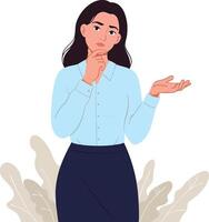 Woman in thoughtful pose with hand on chin and palm up expressing doubt or question illustration vector