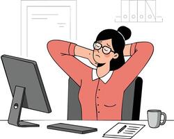 Woman relaxing at office desk with computer and coffee cup illustration in casual work environment vector