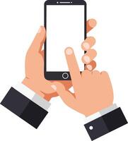 Human hand holding smartphone with finger touching screen for mobile interaction technology use vector