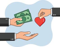 Hands exchanging money and red heart symbol in business donation concept illustration vector