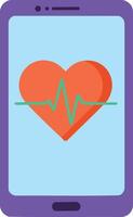 Smartphone with heart rate monitor app showing red heart and green pulse line illustration vector
