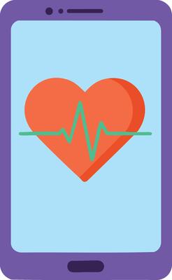 Smartphone with heart rate monitor app showing red heart and green pulse line illustration