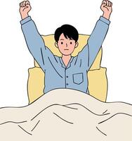 Man stretching arms while waking up in bed with yellow pillow and blue pajamas illustration vector