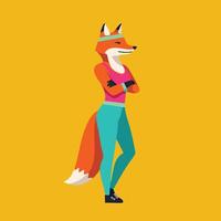 Anthropomorphic fox character in athletic wear standing confidently with crossed arms on yellow background illustration vector