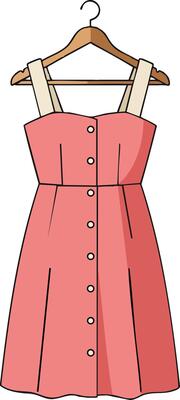 Pink buttoned sleeveless dress on wooden hanger illustration with beige straps and simple design
