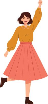 Woman in orange sweater and pink skirt dancing with joy and raised fist illustration