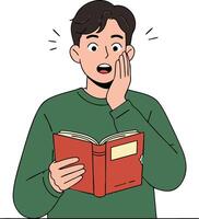 Young man reading book with surprised expression and green sweater in simple illustration vector