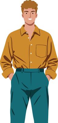 Young man standing with hands in pockets wearing mustard shirt and teal pants casual style illustration