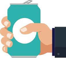 Hand holding teal beverage can with blank label simple illustration in flat design vector