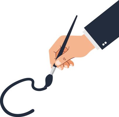 Hand holding paintbrush creating black ink stroke illustration with business suit sleeve and white background
