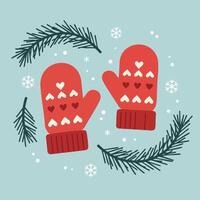 Red winter mittens with hearts surrounded by pine branches and snowflakes in square layout illustration vector