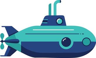 Submarine illustration in blue and teal colors with propeller and periscope design elements vector