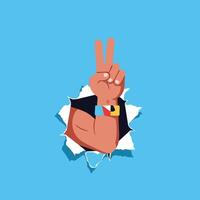 Muscular arm making victory peace sign breaking through blue background with wristband illustration vector