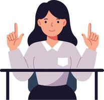 Woman Sitting at Table Pointing Upwards with Both Hands Gesture Illustration vector