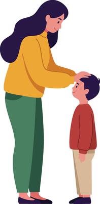 Woman gently touching boys head in caring moment illustration with green pants and mustard top