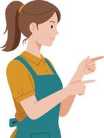 Woman in teal apron pointing sideways with both hands in casual pose illustration vector