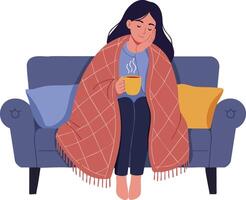 Woman wrapped in blanket relaxing with hot drink on sofa in cozy indoor setting natural calm mood vector