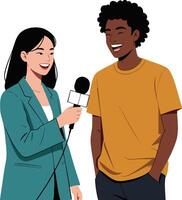 Interview scenario with smiling man and woman reporter conducting casual conversation illustration vector