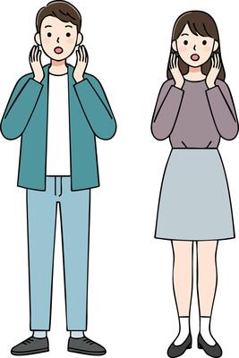 Surprised young man and woman standing with hands on cheeks in casual clothes illustration