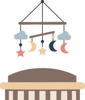 Baby mobile with stars, moons, and clouds hanging over crib in soft pastel colors for nursery decoration vector