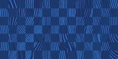 Hand drawn top view of swimming pool tiles distorted from water pattern, abstract brush lines checkers chess board in blue, squares experimental optical graphic for textile, carpet, decoration vector