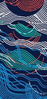 Hand drawn colorful brush lines abstract sun, clouds, mountains and ocean landscape pattern, Japanese and ethnic wood carving, weaving texture background, irregular and creative graphic for textile vector