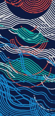 Hand drawn colorful brush lines abstract sun, clouds, mountains and ocean landscape pattern, Japanese and ethnic wood carving, weaving texture background, irregular and creative graphic for textile