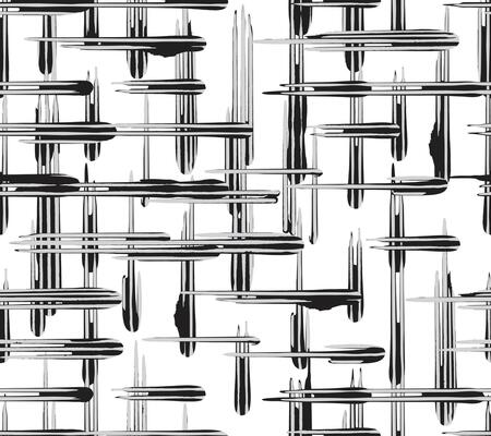 Seamless hand paint ink brush lines abstract imperfect square grid cross over weaving basketry pattern in black and white, Japanese and ethnic block print texture background for textile, carpet