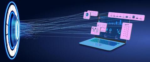 Data transfer portal connecting to a laptop with visual graphs in a futuristic setting. vector
