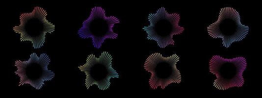 A set of rainbow equalizers made of bursting beams . Radial sound, frequency sound multicolor neon sound waves with light particles. Musical symbol, circular sound waves. radial spectrum. vector