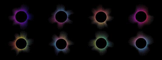A set of multicolor equalizers made of burst beams . Radial sound, neon sound waves. Music symbol, circular sound waves, digital communication. radial spectrum on black background . vector
