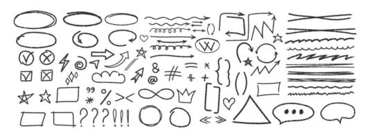 Set of various elements, arrows, symbols, punctuation marks, asterisks, colons, underlines, crossings drawn with chalk or pencil. elements strokes in pencil or charcoal bubbles wavy lines, swoosh. vector