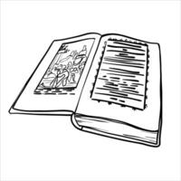 Black and white line drawing of an open book. illustration of open book in sketch style. Hand-drawn design elements. Vintage literature in outline drawing. A book is with open pages vector