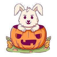 Cartoon rabbit is sitting in a pumpkin. The pumpkin has a scary face vector