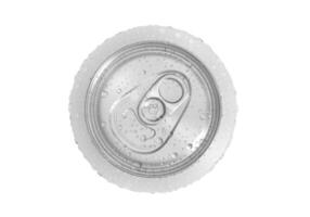 Top view. Aluminum soda can with water drops isolated on white background photo