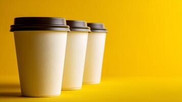 White paper coffee cups arranged on vibrant yellow background promoting eco-friendly zero waste practices photo