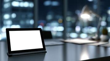 Tablet with a blank screen resting on a desk in a modern office during nighttime with minimal light photo
