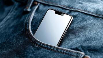 Mockup phone in denim back pocket with blank screen for tech branding and lifestyle visuals photo