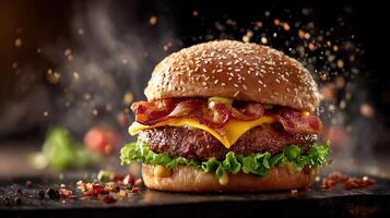Juicy hamburger loaded with melted cheese and crispy bacon served in smoky atmosphere with fresh toppings photo