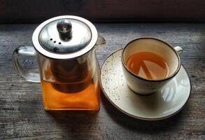 A cup of tea and a teapot on a wooden table photo