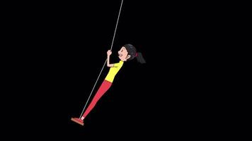 Happy little girl is swinging while standing on a rope swing. anime style animation video