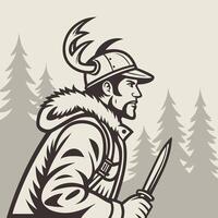 Hunter in forest with knife wearing helmet and fur lined coat vector