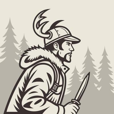 Hunter in forest with knife wearing helmet and fur lined coat