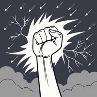 Raised Fist in Protest with Arrows and Clouds in a Stormy Sky vector