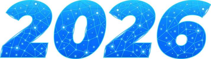 Futuristic digital illustration of the year 2026 in a glowing blue technological style with connected nodes vector