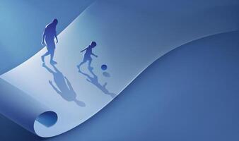 Father's Day horizontal illustration of a father and child kicking a ball on a scroll vector