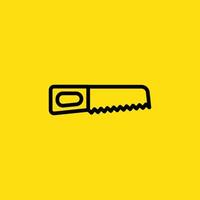Simple black outline drawing of a hand saw is isolated against a yellow background and is used for carpentry work. vector